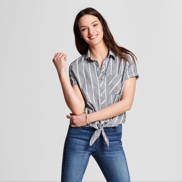 Universal Thread Tops - Universal Threads Grey and White Stripe Front Tie Blouse